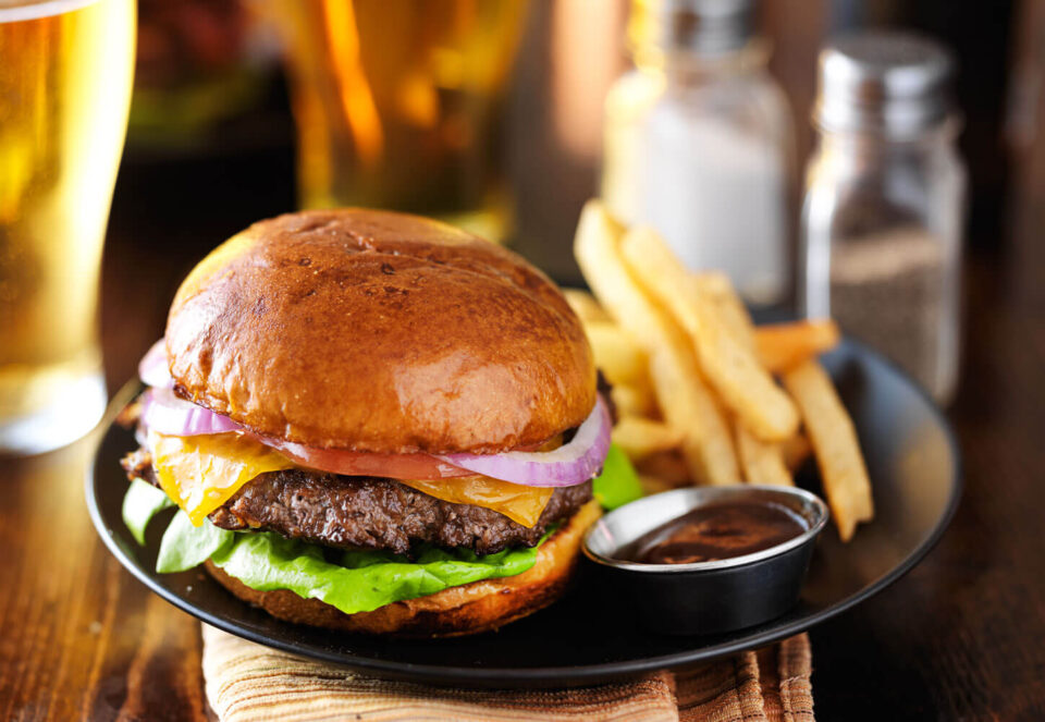 burger and fries on plate